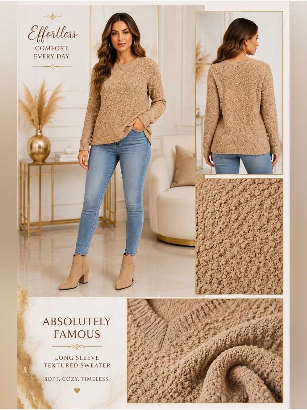 Absolutely Famous Tan Popcorn Textured Sweater | Cozy Neutral Knit